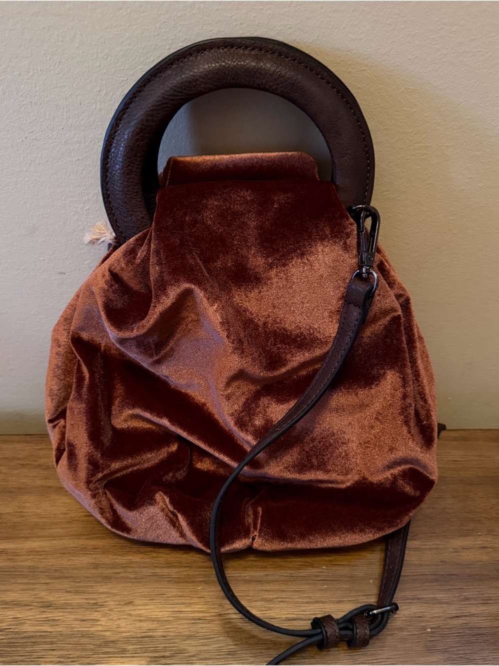 Velvet Ring Handle Crossbody Bag Brown w/ Leather Strap